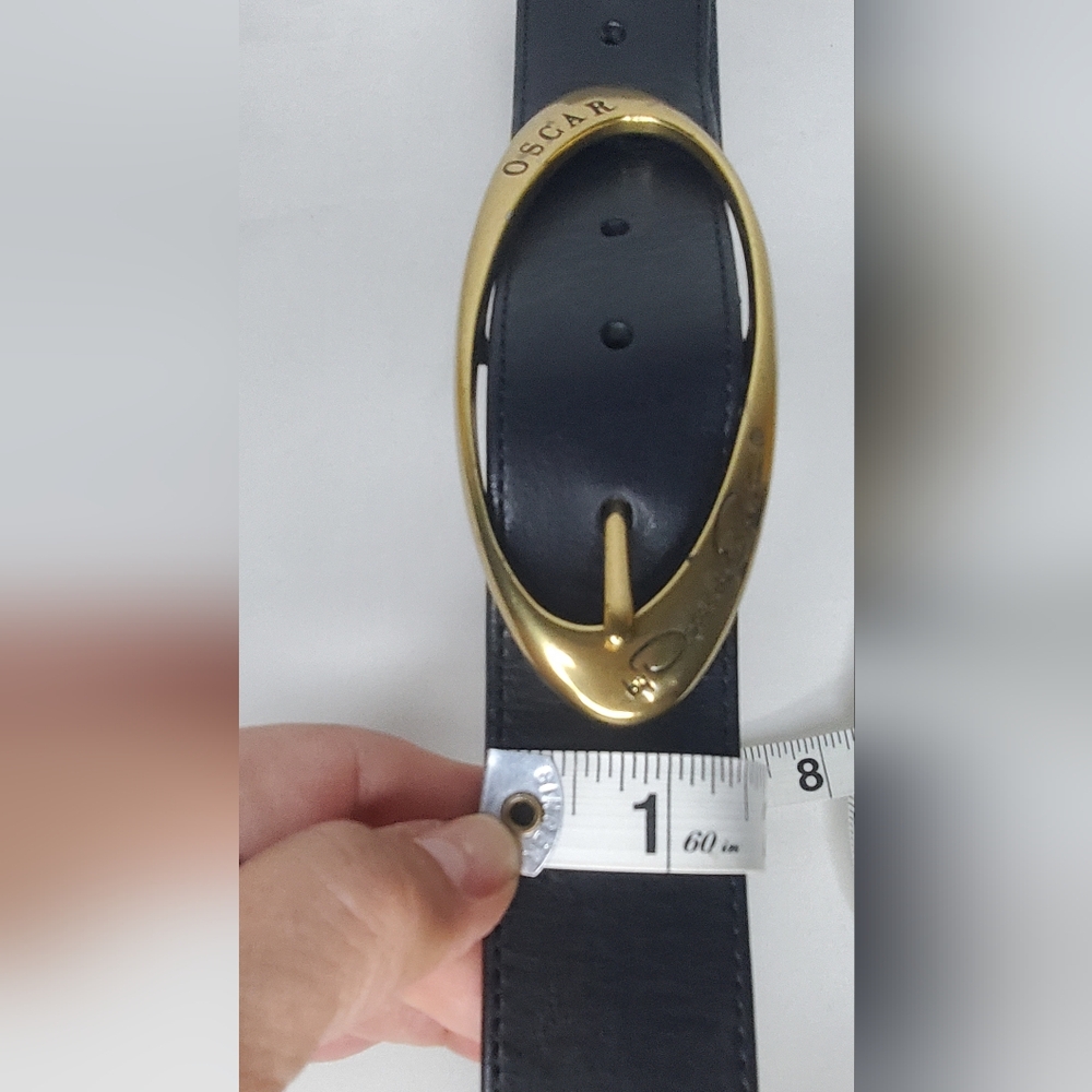 Oscar De La Renta 38"x 1 1/2" inch Black Leather Belt with Gold Brass Buckle - Picture 5 of 8